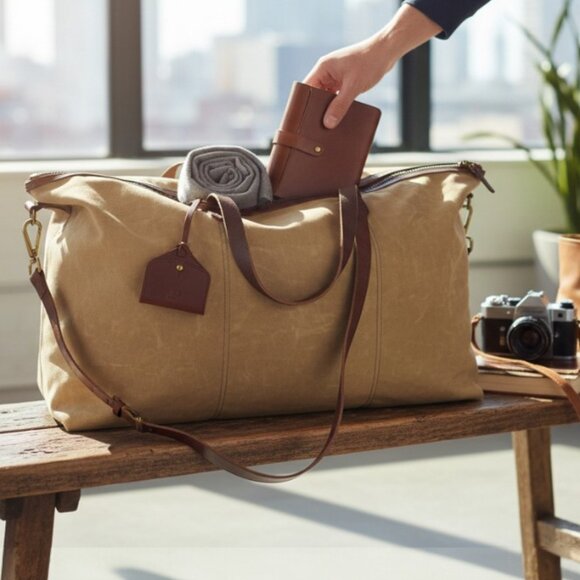 Madewell Handbags - Madewell Transporter Khaki Green Canvas Brown leather Accent Duffle Weekender